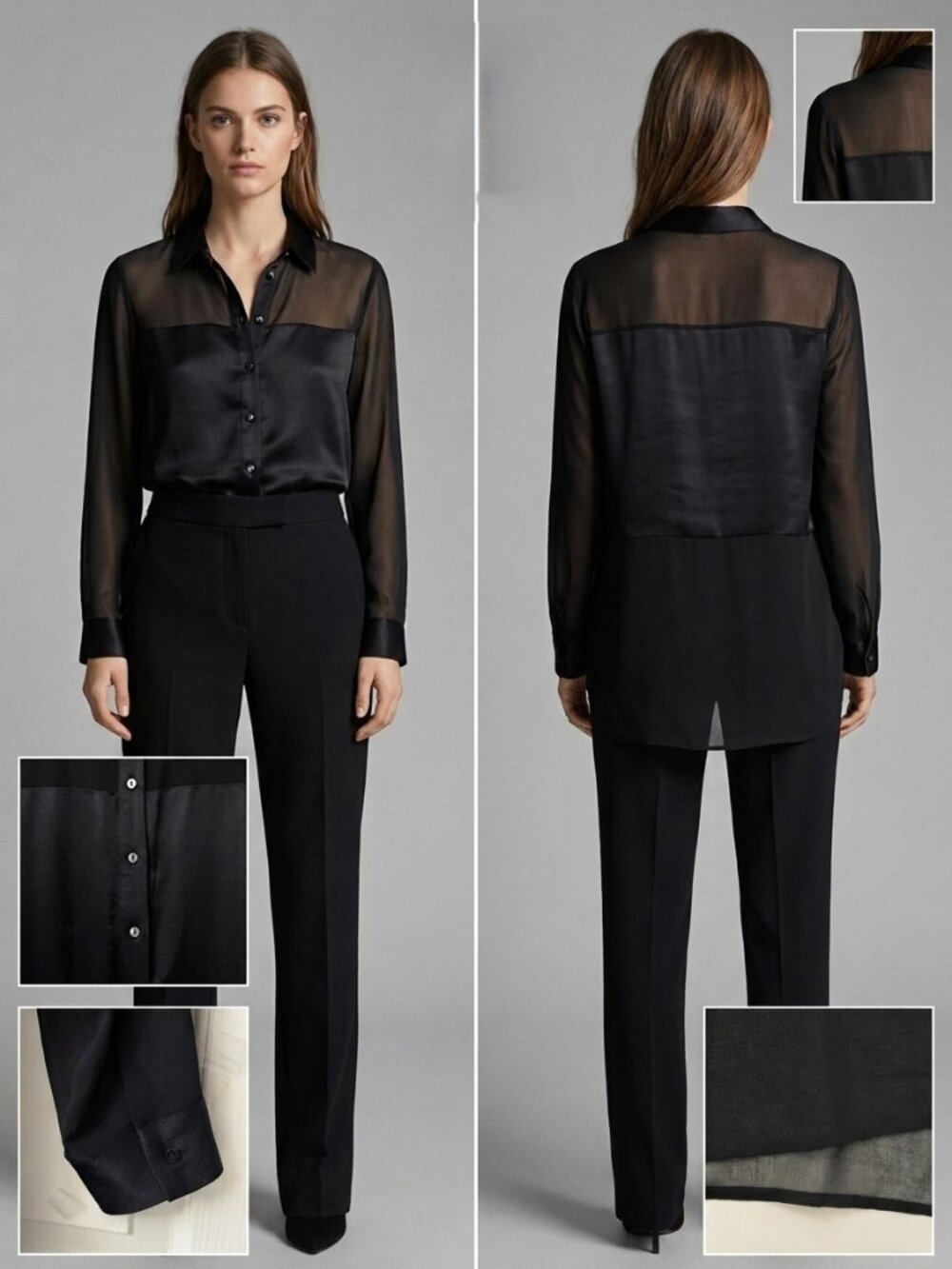 NWOT Zara Woman Mixed Media Semi-Sheer Satin Panel Button Up Long Sleeve Black M